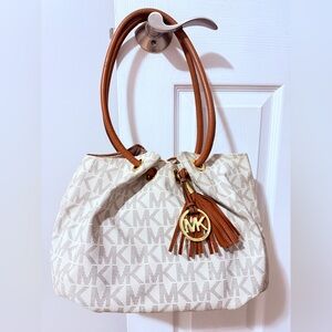 Michael Kors Leather White and Brown Signature Tote Bag